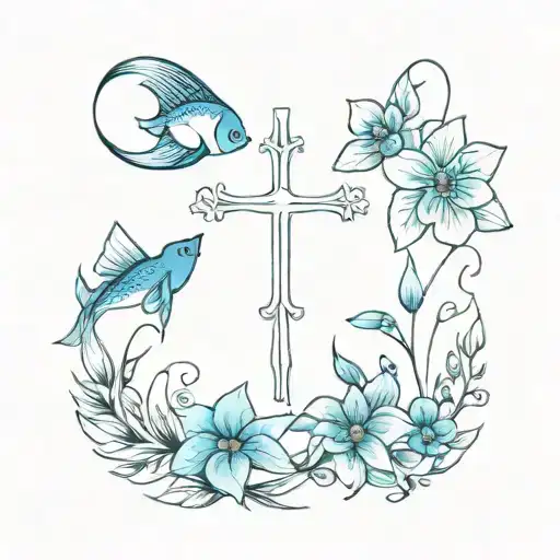 Cross With Blue Flowers And Fish
