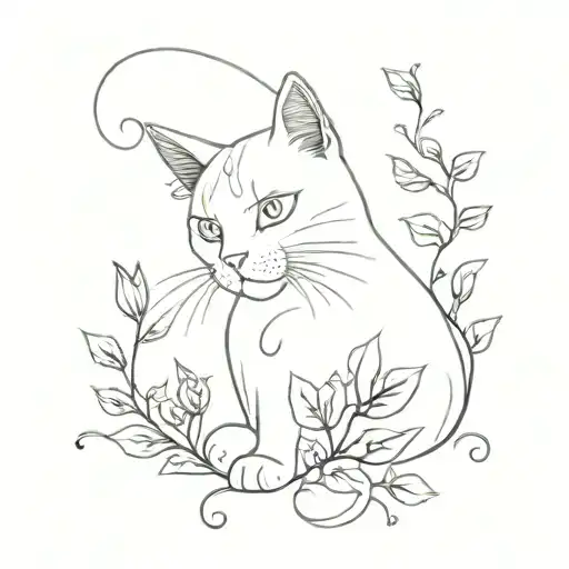Cat W Florals And Vines Growing Inside