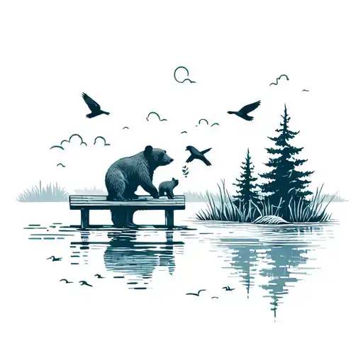 Mama Bear And Cub On A Bench Feeding Birds In A Pond