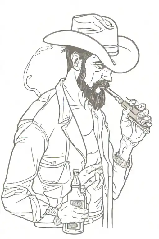 Simple Cowboy Smoking Cigarette With Bottle Of Whiskey