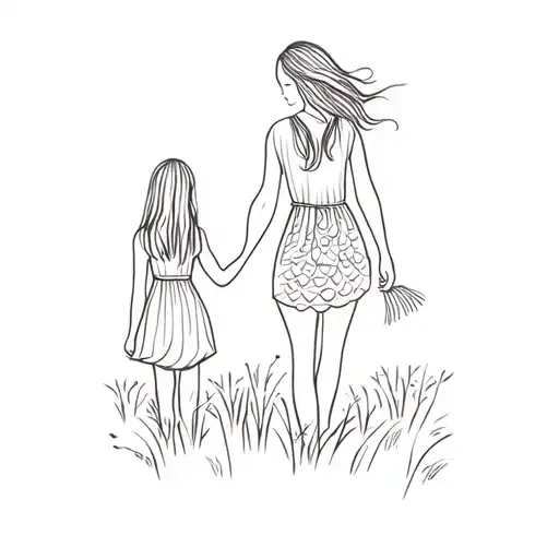A Mother And Daughter Walking In A Field