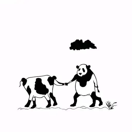 Panda And Cow Walking Hand And Hand Holding