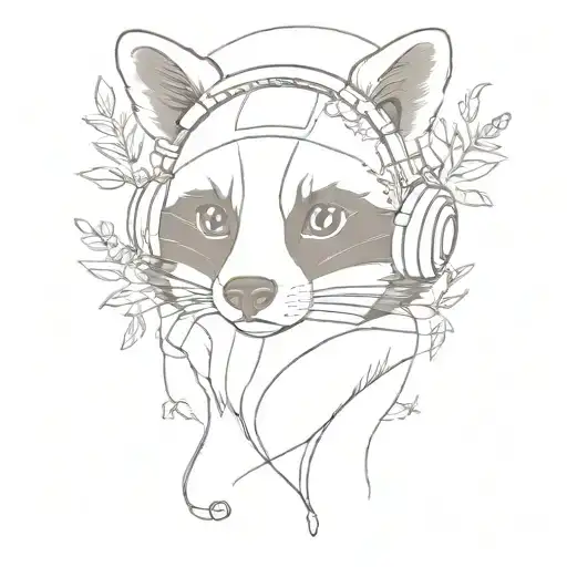 A Minimalist Tattoo Of A Raccoon Wearing Headphones Surrounded By Nature Elements