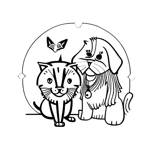 A Minimalist Tattoo Of A Dog And A Cat Sitting Inside A Garage