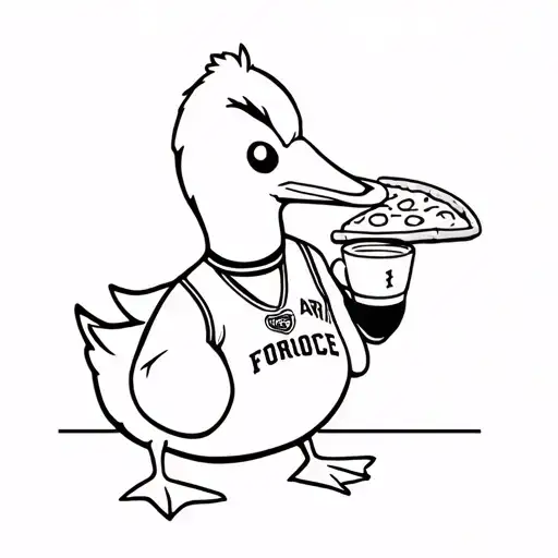 Cartoon Duck Drinking Coffee With Air Force Jersey And Pizza