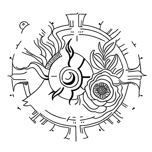 A Traditional-style Tattoo Featuring Your Children's Birth Month Flowers And A Shining Sun