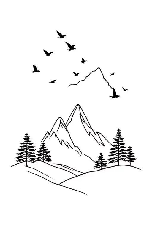 Minimalist Trees Birds Mountain