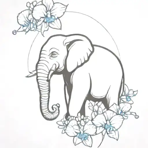 Small Elephant Surrounded By Orchids Blooming