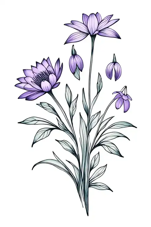 Flower Bouquet With Stems Including Water Lily Violet Snowdrop And Primrose