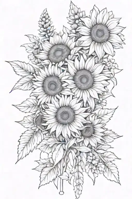Small Line Simple Tattoo Bouquet Of Crysthanum Lavender And Sunflowers Wrapped In A Bow