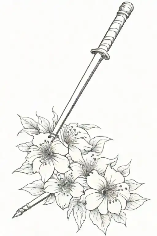 Sword Wrapped With Chrysanthemums And Hibiscus Flowers
