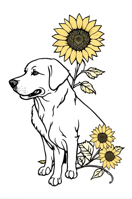 Golden Retriever And Sunflower Blooming