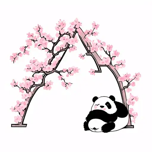 Panda Napping Under An 'A' Shaped Cherry Blossom Tree In Spring