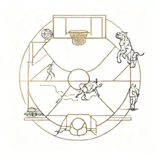 A Minimalist Tattoo Of A Basketball Court With An Ox And Tiger As The Players