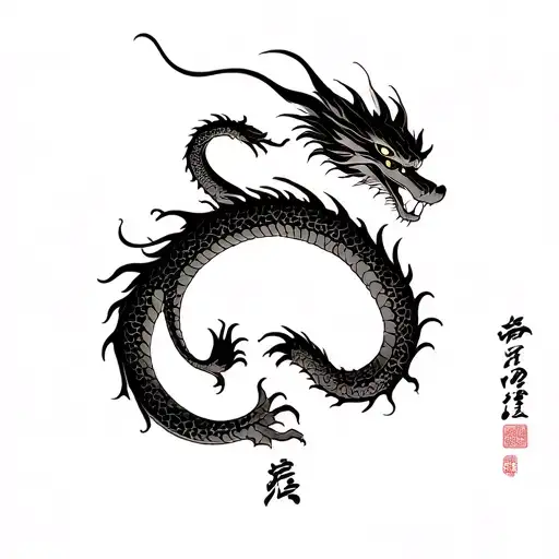 Japanese Dragon Emerging With A Dog Paw Include Japanese Writing Print