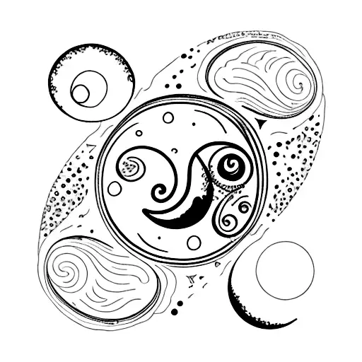 A Minimalist Tattoo Of A Crescent Moon Surrounded By Swirling Galaxy Patterns