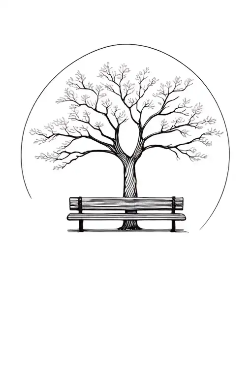 Maple Tree Fine Line Tattoo With Bench Underneath
