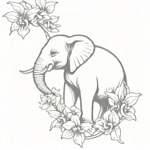 Elephant Surrounded By Orchids Blooming