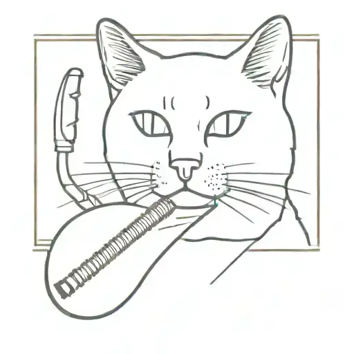 A Minimalist Tattoo Design Of A Cat Wearing A Post Malone Inspired Outfit And Holding A Microphone