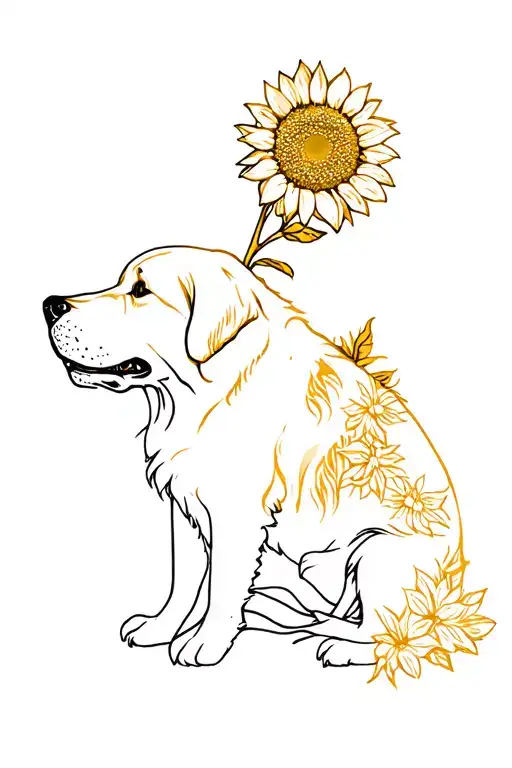 Golden Retriever And Sunflower Blooming