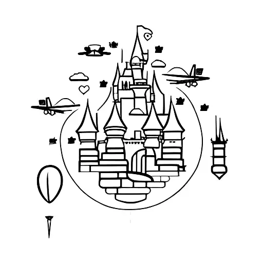 A Minimalist Tattoo Of A Disney Castle Made Up Of Travel Symbols Like Suitcases And Airplanes