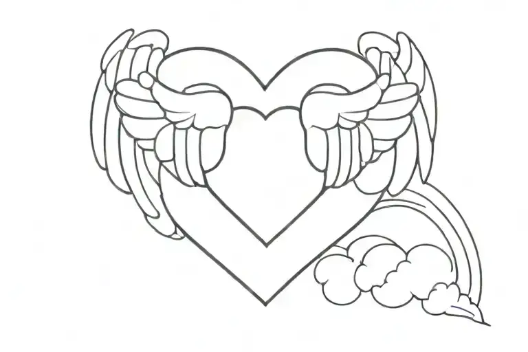 A Minimalist Trabial Pattern Tattoo Of Heart With Wings Slightly Cover With Clouds