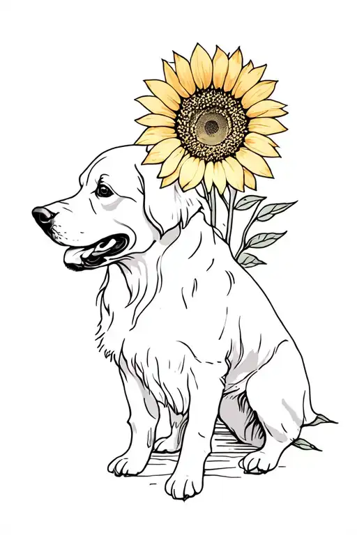 Golden Retriever And Sunflower Blooming