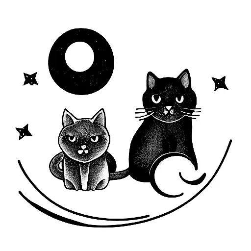 A Black Cat And White Cat Both Sitting In Front Of A Half Moon With Little Stars Around Them