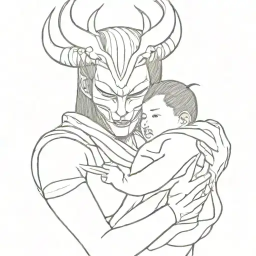 Woman In A Mask Of A Japanese Demon With A Child In Her Arms