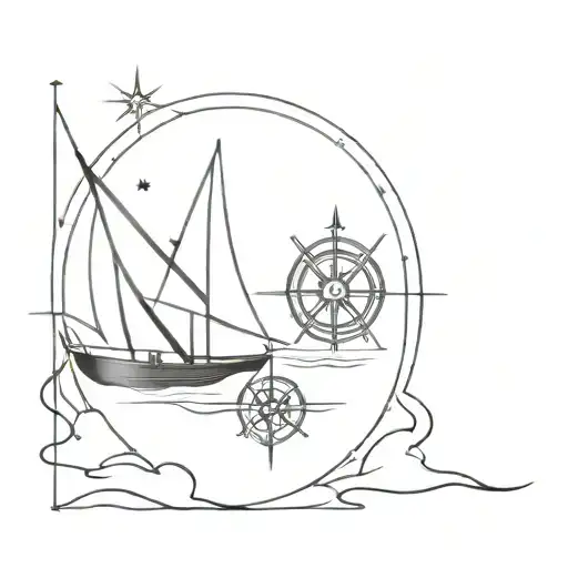 Small Ship Sailing With Two Sailors Compass Rose