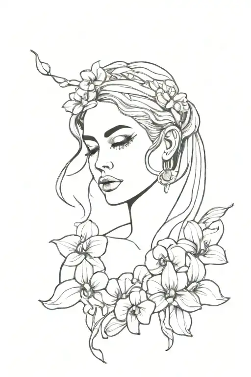 Greek Goddess Face Straight Forward With Orchid Flowers In Her Hair And Philigry Head Piece
