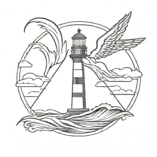 Surf Board With Wings And Waves Behind A Lighthouse