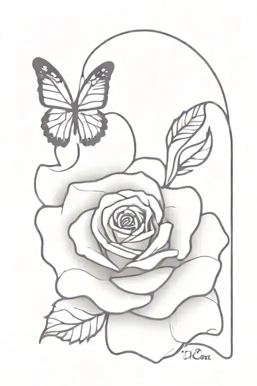 Purple Tipped Rose With Butterfly Tattoo Behind Ear