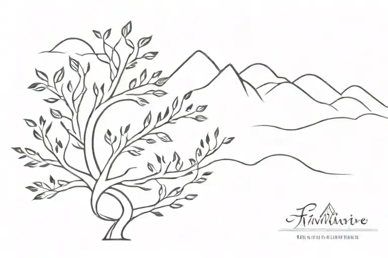 A Minimalist Tattoo Design Of A Family Tree With Waves And Mountains Intertwined In The Branches