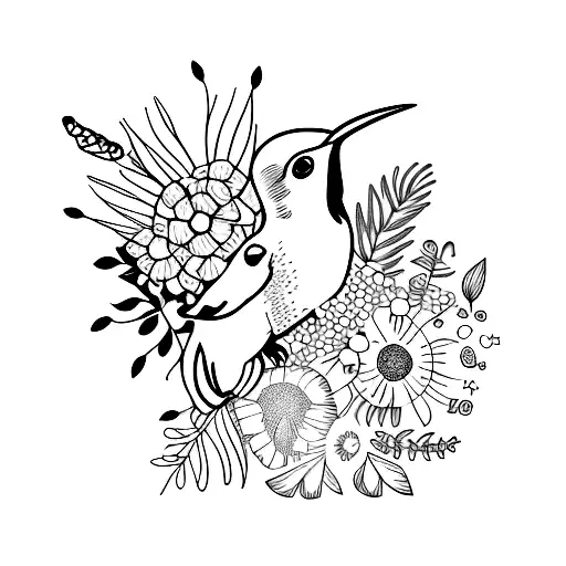 A Dotwork Tattoo Of A Hiking Boot Surrounded By Wildflowers And A Hummingbird In Flight