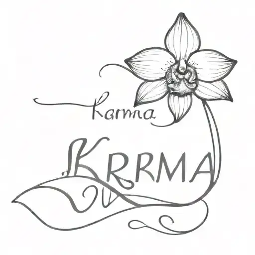 A Minimalist Tattoo Of An Orchid Flower With The Word 'Karma' In A Subtle Script Font