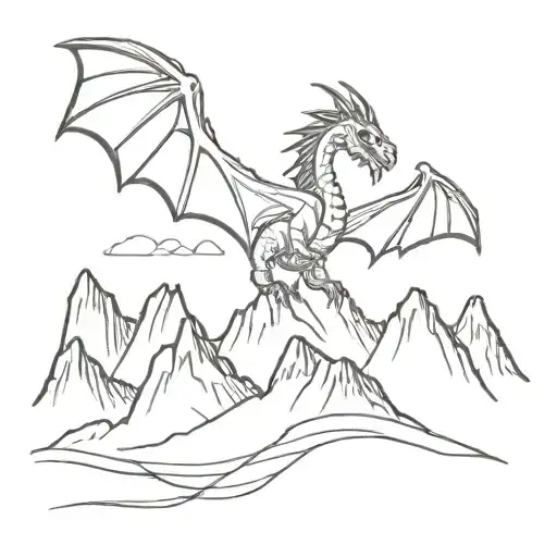 Mountains And Above Them A Dragon With Wings