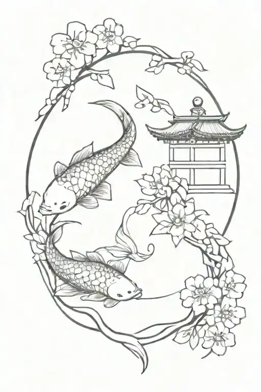 Sakura And Temple And Koi Fish