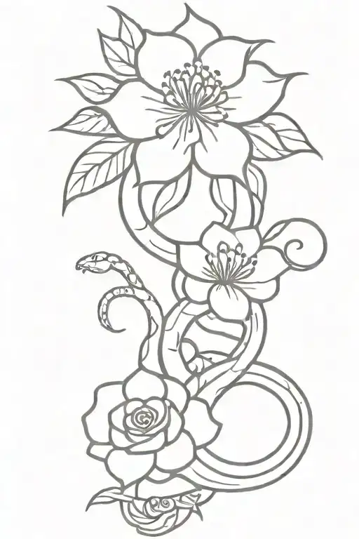 Big Flowers And Small Snake Intertwined Within