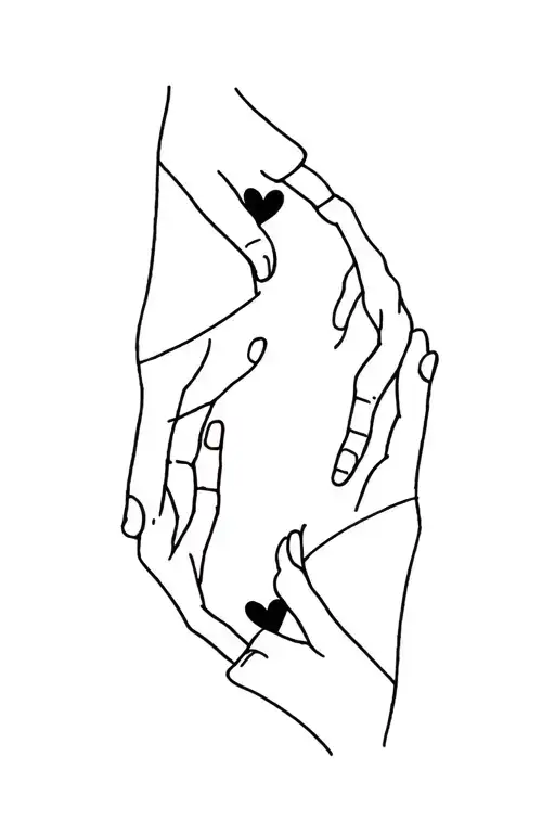 Hand On Top And Hand On Bottom Connected By A Thread With A Black Heart In The Middle