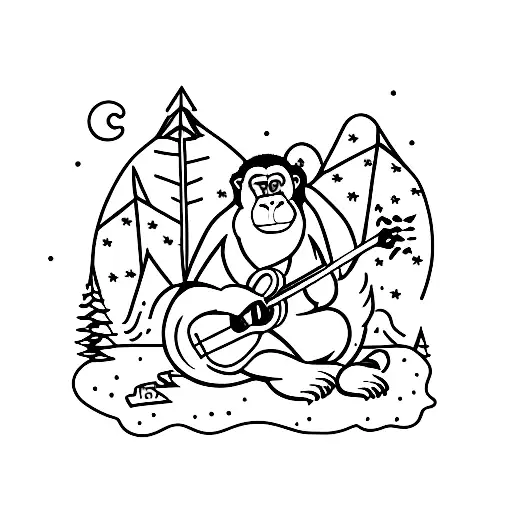 A Minimalist Tattoo Of A Gorilla Playing A Guitar In A Camping Scene