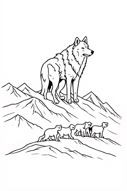 2 Wolves And 3 Puppies On Mountain Landscape