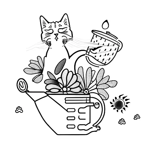 A Minimalist Tattoo Of A Watering Can Pouring Water Onto A Cat And A Dog