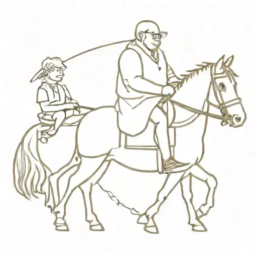 Fat Grandfather On Horseback With Grandson And Dog Next To Him