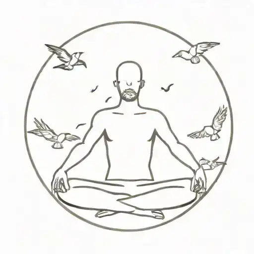 Meditating Man In A Circle Of Birds Flying