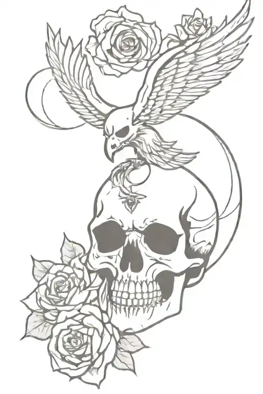 A Skull And Roses On A Rising Phoenix