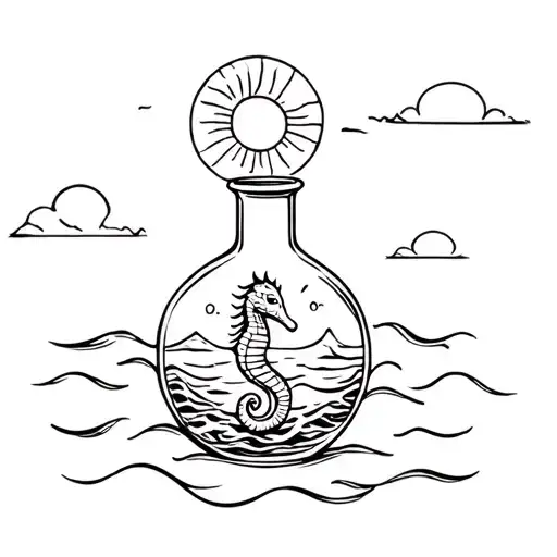 A Potion Bottle With A Sea Horse Inside And A Big Sun On Top
