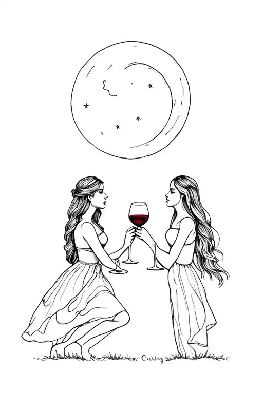 Two Girls Drinking Wine Under The Moon Fine Line