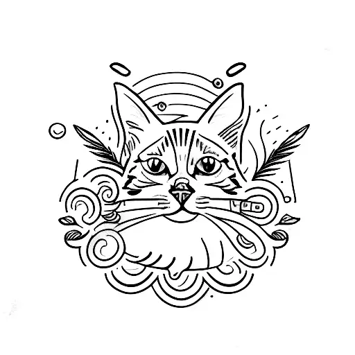 A Minimalist Tattoo Of A Cat Lounging On A Beach Towel Under A Palm Tree