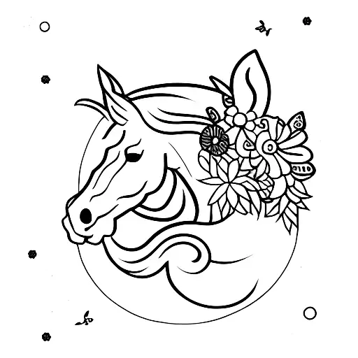 A Minimalist Tattoo Of A Peaceful Sleeping Horse Surrounded By Flowers